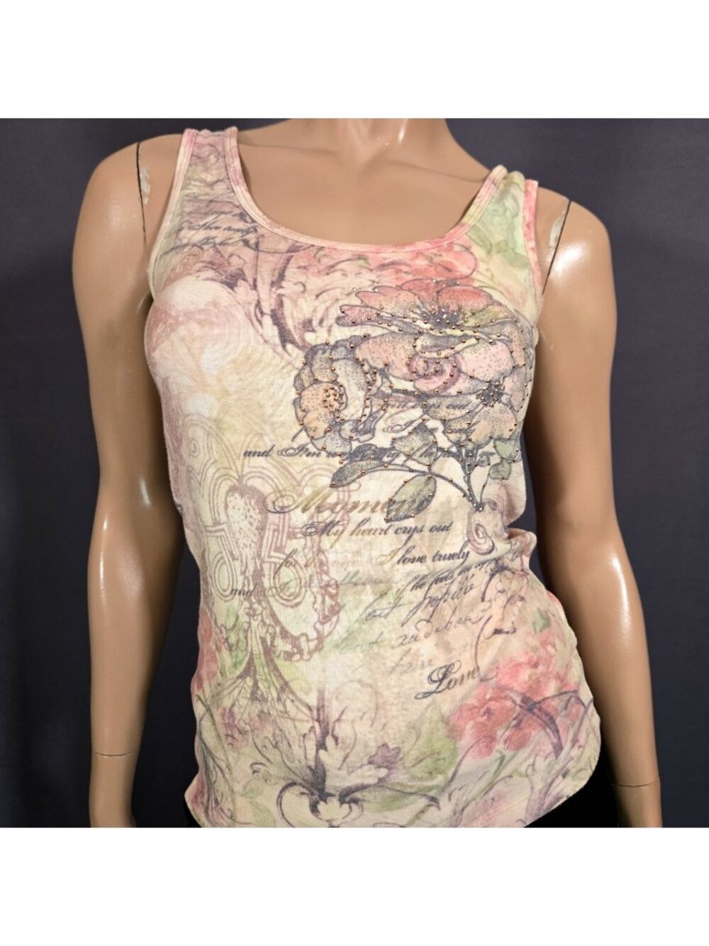 Vintage Y2K Graphic Floral Tank Top Rhinestones Size M Grunge Fairy Beige Pink